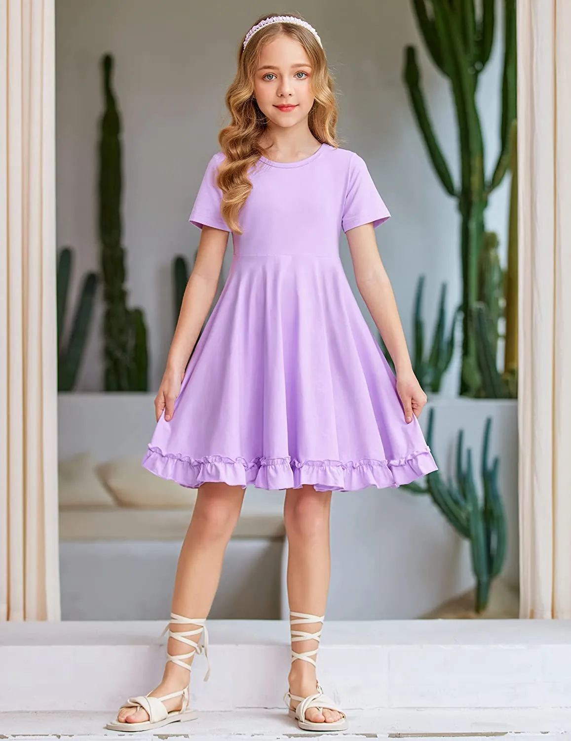 Arshiner Girls Short Sleeve Ruffle Hem A-Line Casual Skater Party Dress with Pockets 6-12 Years