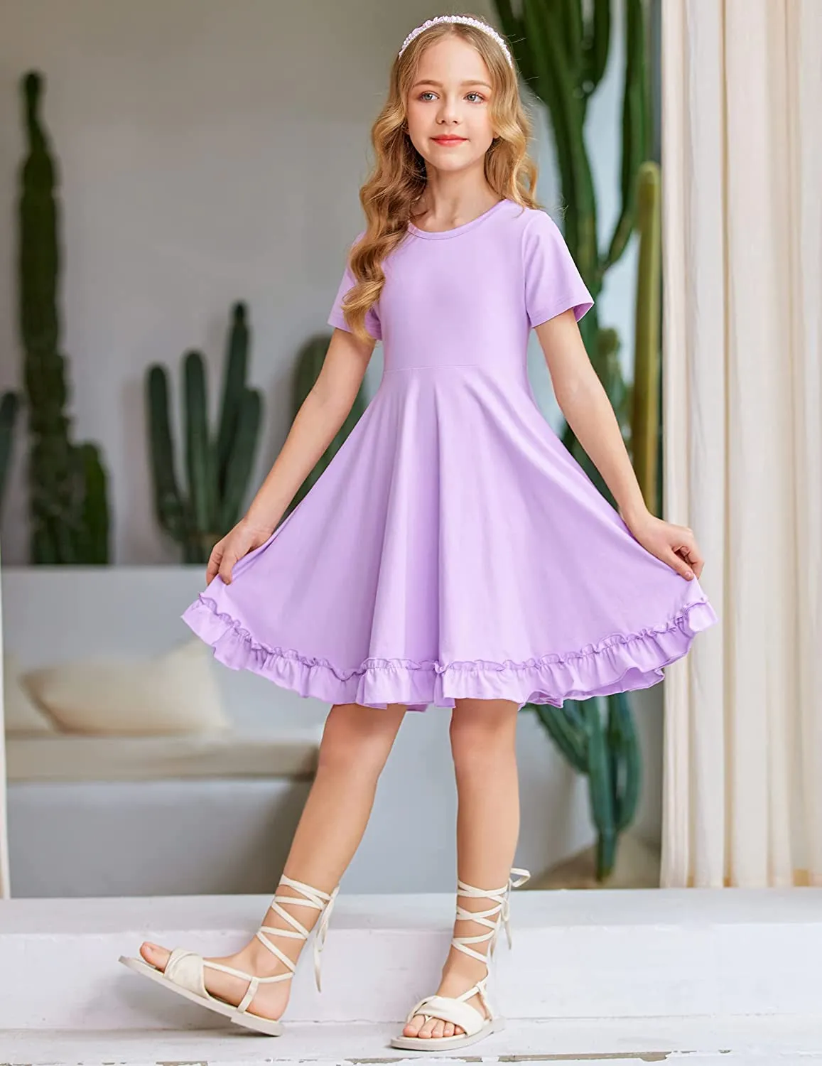 Arshiner Girls Short Sleeve Ruffle Hem A-Line Casual Skater Party Dress with Pockets 6-12 Years