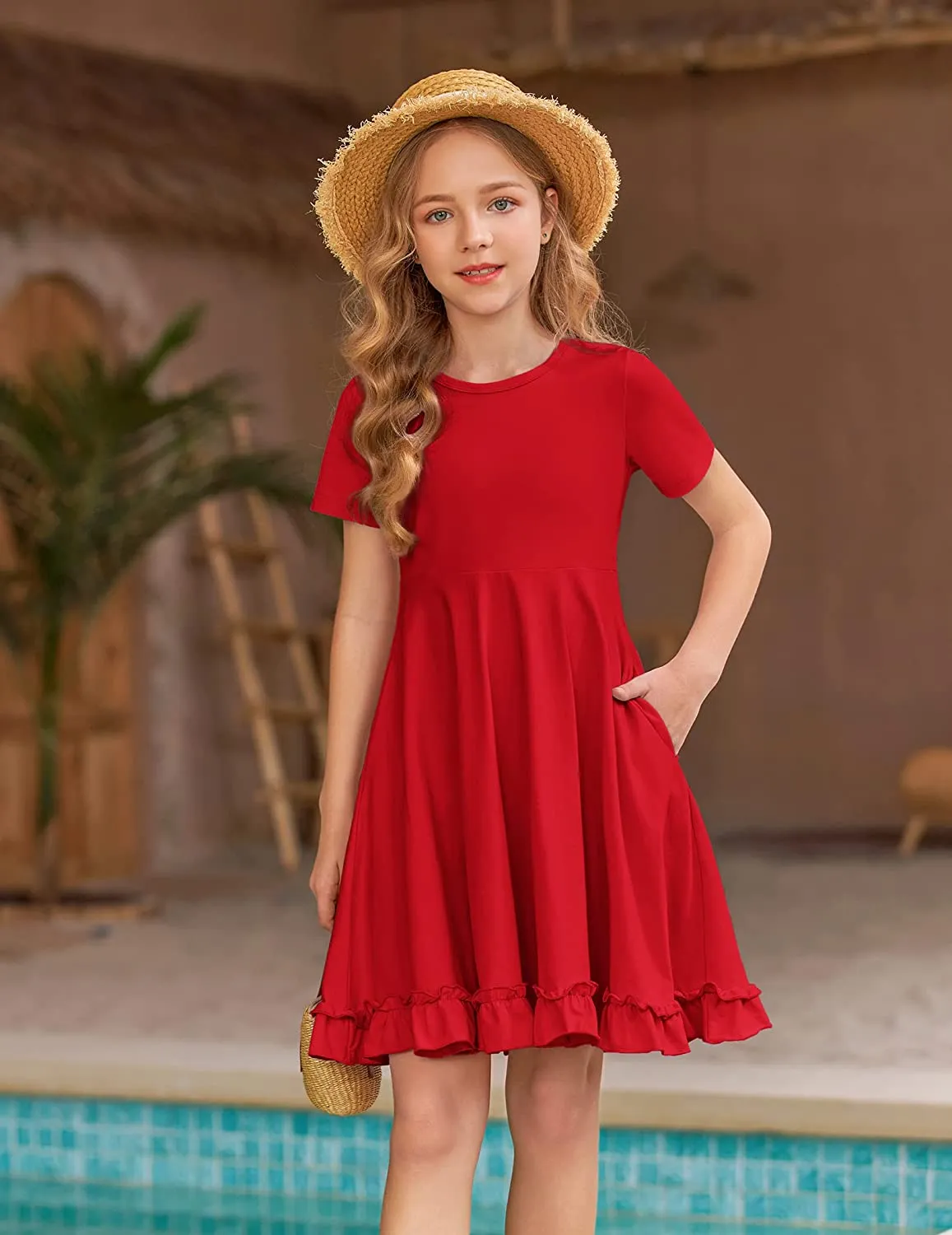 Arshiner Girls Short Sleeve Ruffle Hem A-Line Casual Skater Party Dress with Pockets 6-12 Years