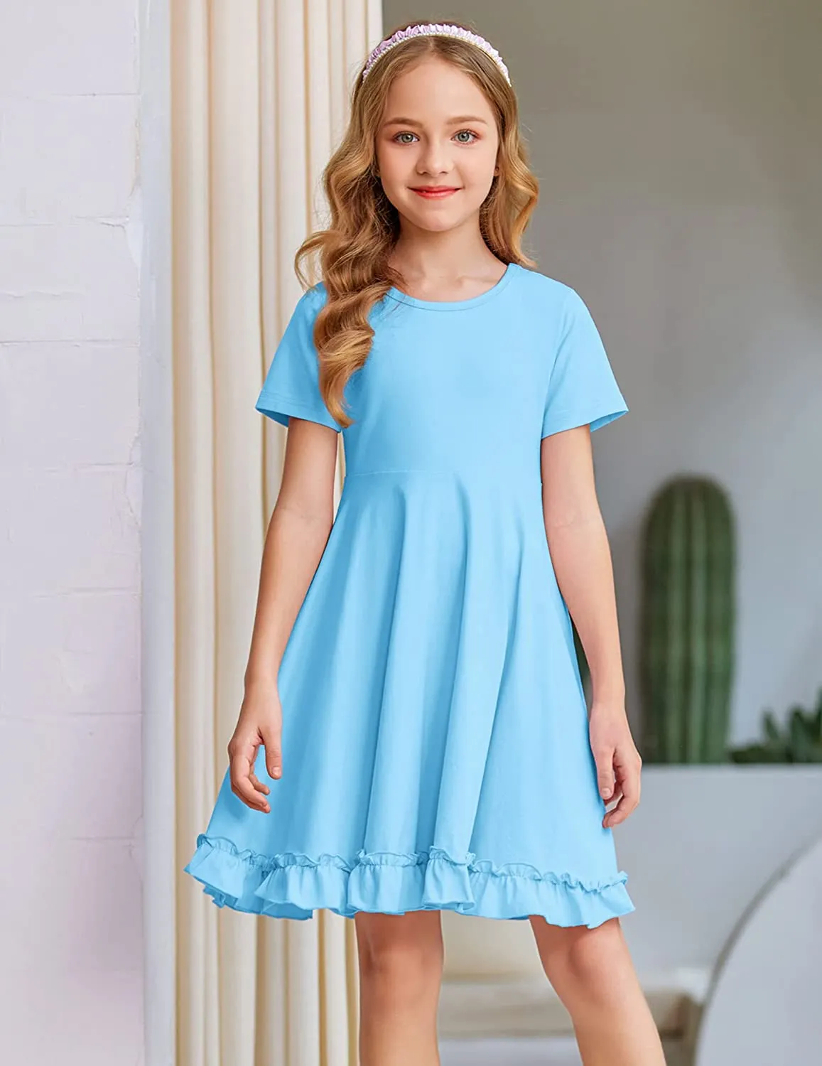 Arshiner Girls Short Sleeve Ruffle Hem A-Line Casual Skater Party Dress with Pockets 6-12 Years