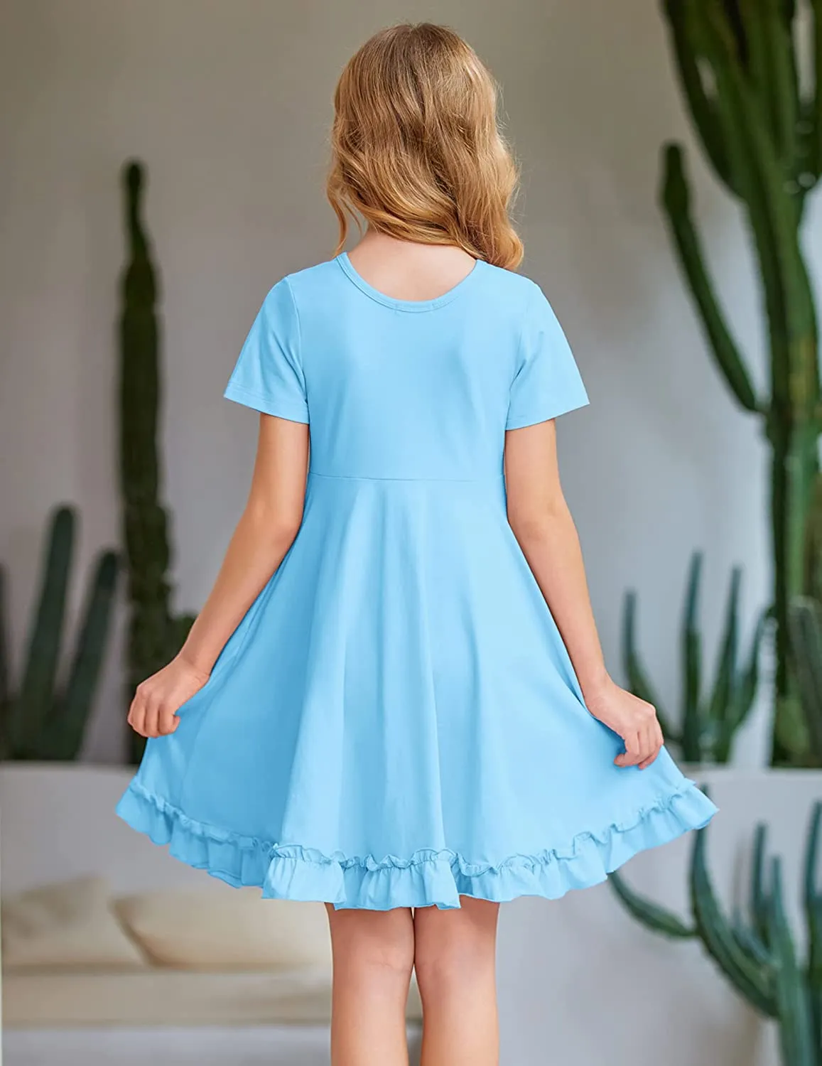 Arshiner Girls Short Sleeve Ruffle Hem A-Line Casual Skater Party Dress with Pockets 6-12 Years