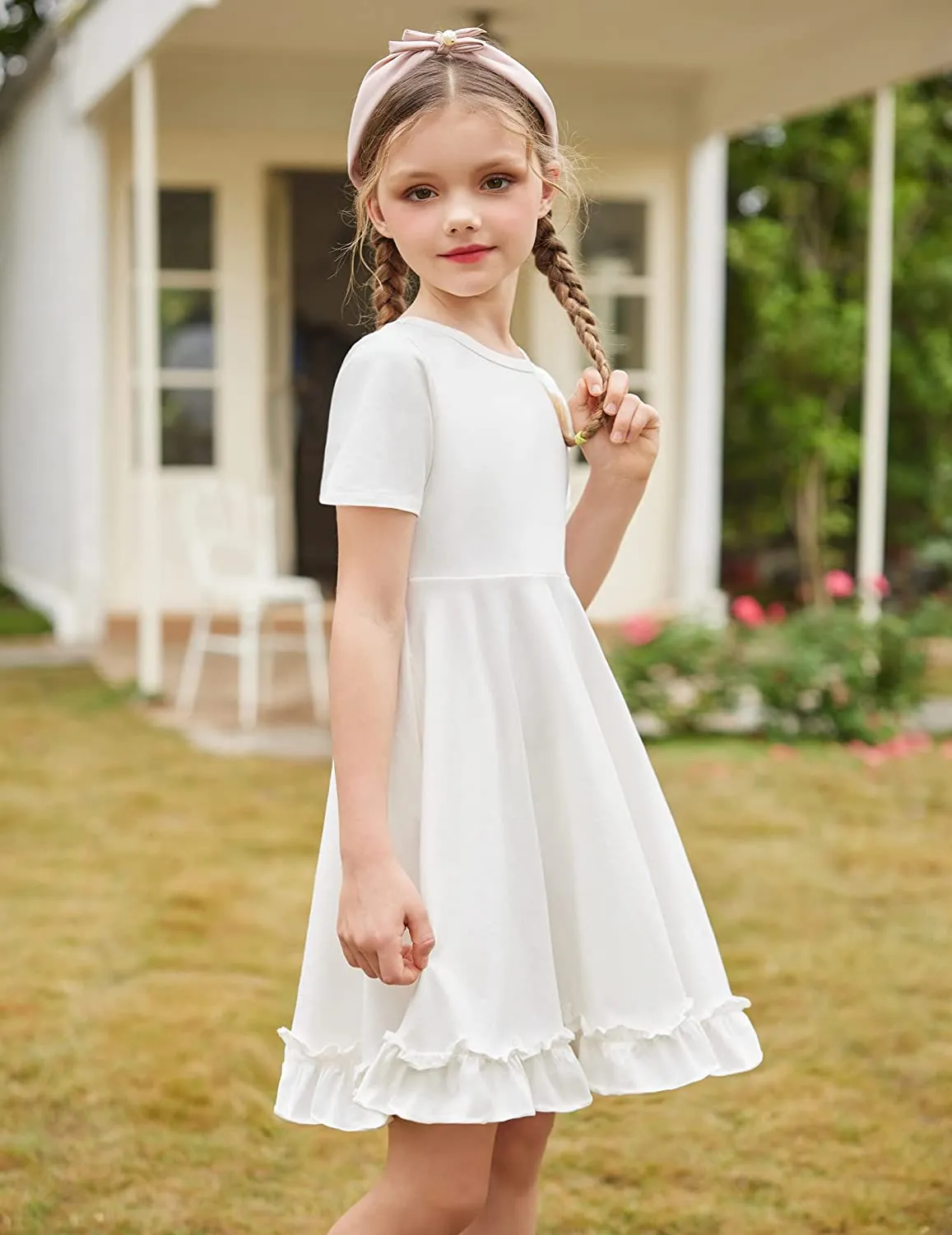 Arshiner Girls Short Sleeve Ruffle Hem A-Line Casual Skater Party Dress with Pockets 6-12 Years