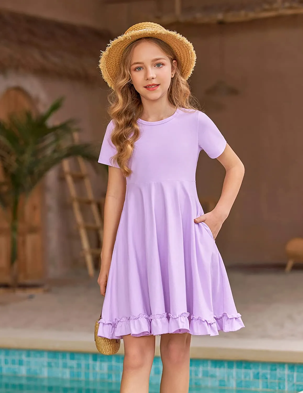Arshiner Girls Short Sleeve Ruffle Hem A-Line Casual Skater Party Dress with Pockets 6-12 Years