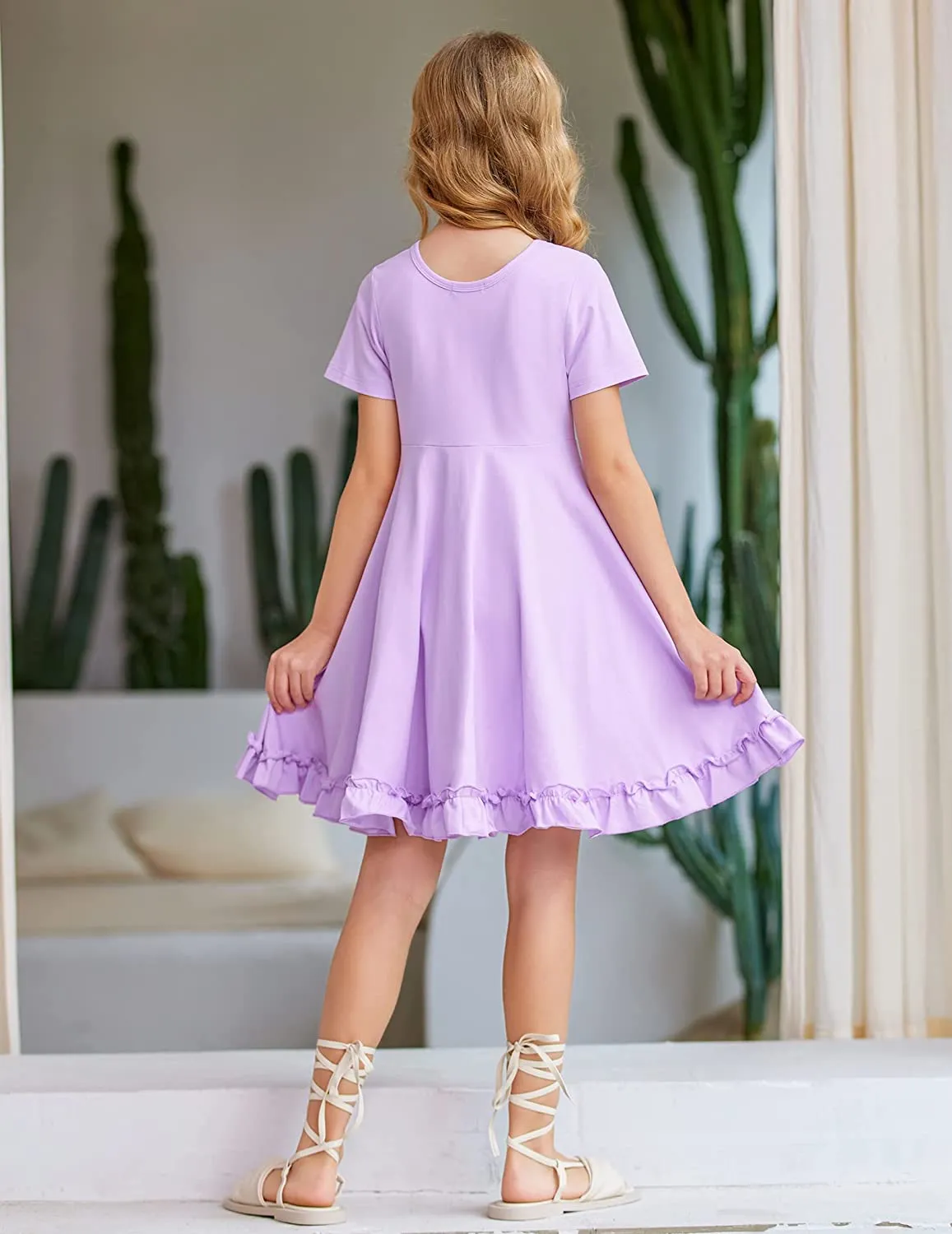 Arshiner Girls Short Sleeve Ruffle Hem A-Line Casual Skater Party Dress with Pockets 6-12 Years