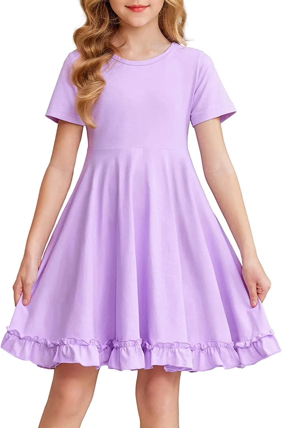 Arshiner Girls Short Sleeve Ruffle Hem A-Line Casual Skater Party Dress with Pockets 6-12 Years