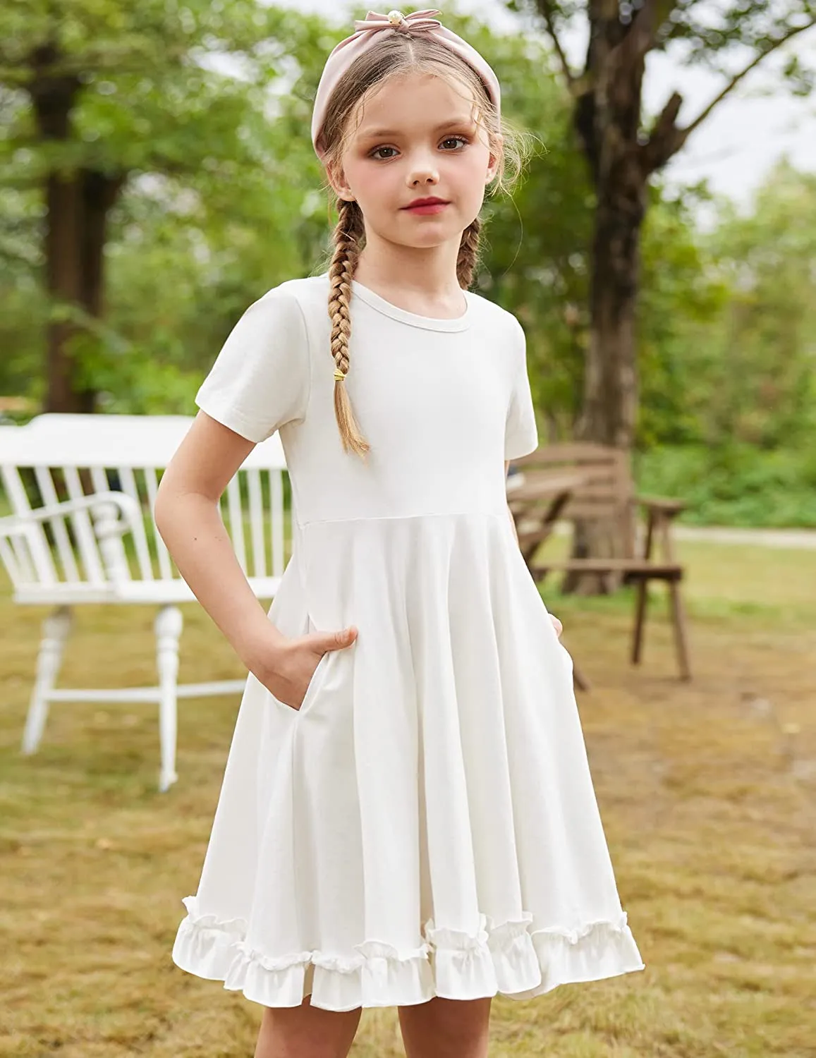 Arshiner Girls Short Sleeve Ruffle Hem A-Line Casual Skater Party Dress with Pockets 6-12 Years