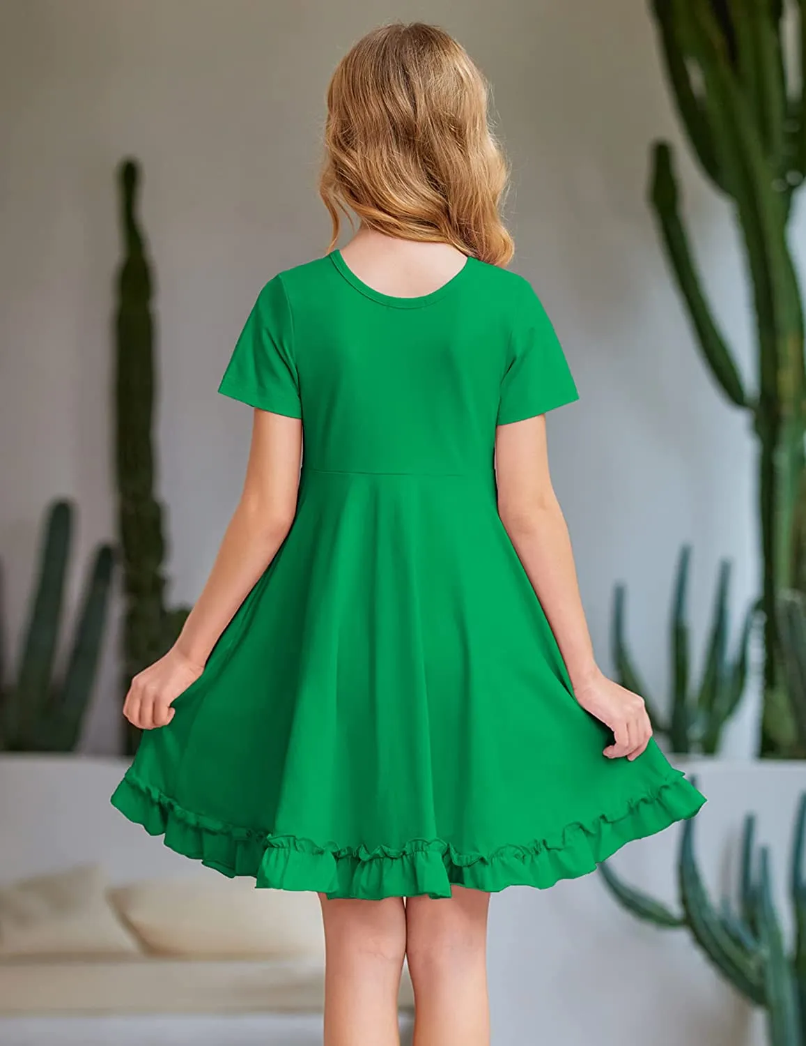 Arshiner Girls Short Sleeve Ruffle Hem A-Line Casual Skater Party Dress with Pockets 6-12 Years