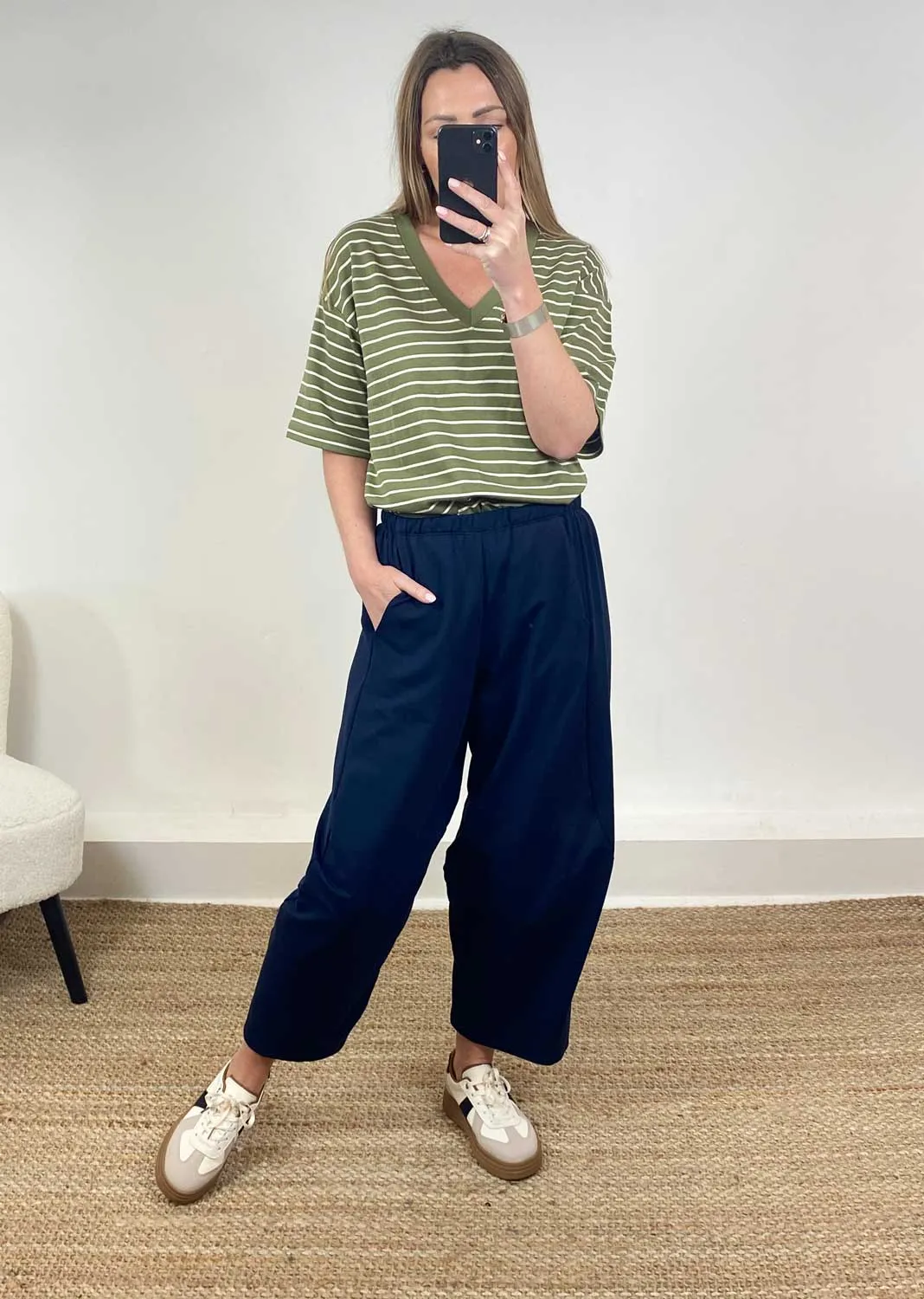 Aspen Jersey Barrel Pants in Navy
