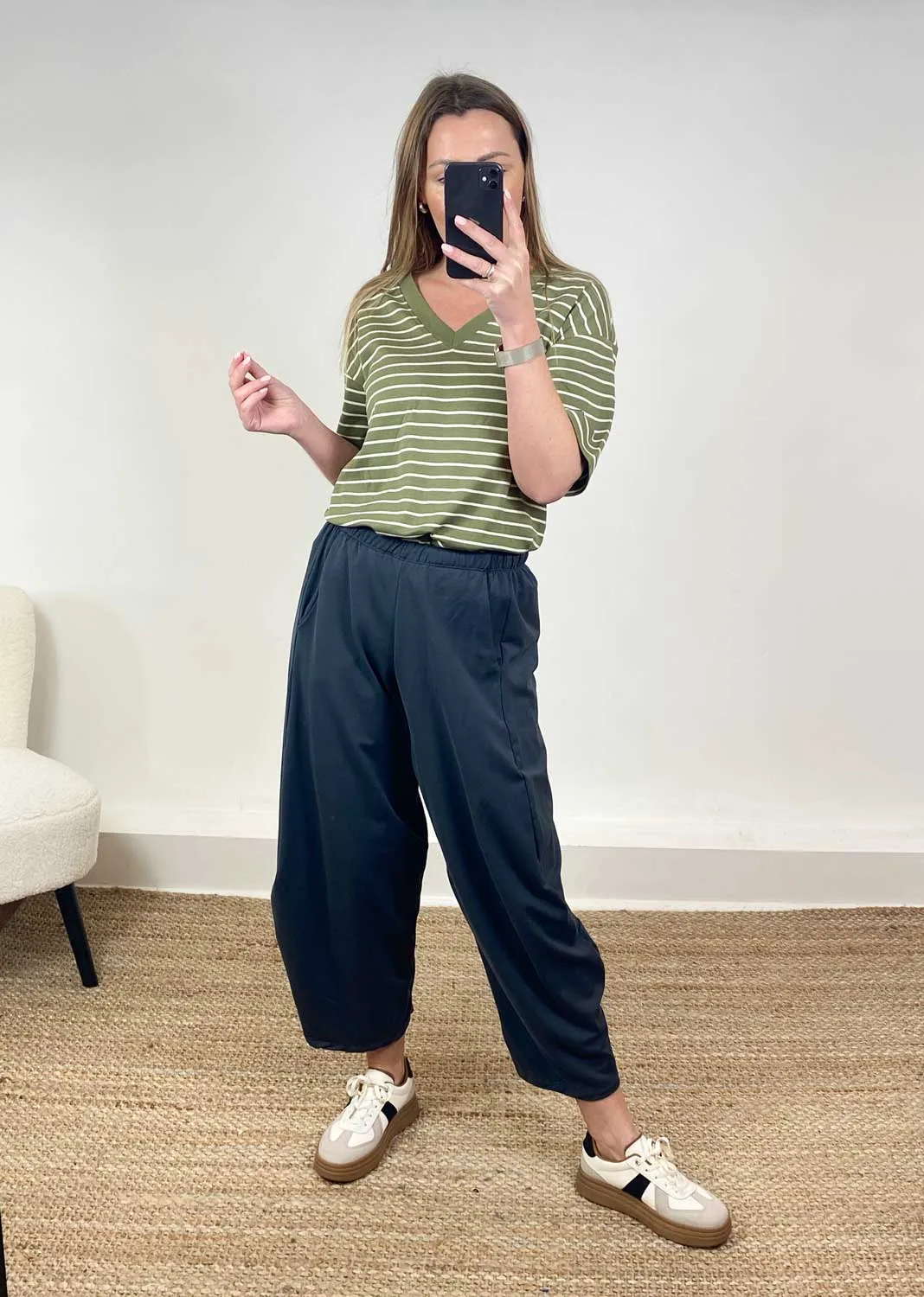 Aspen Jersey Barrel Pants in Navy