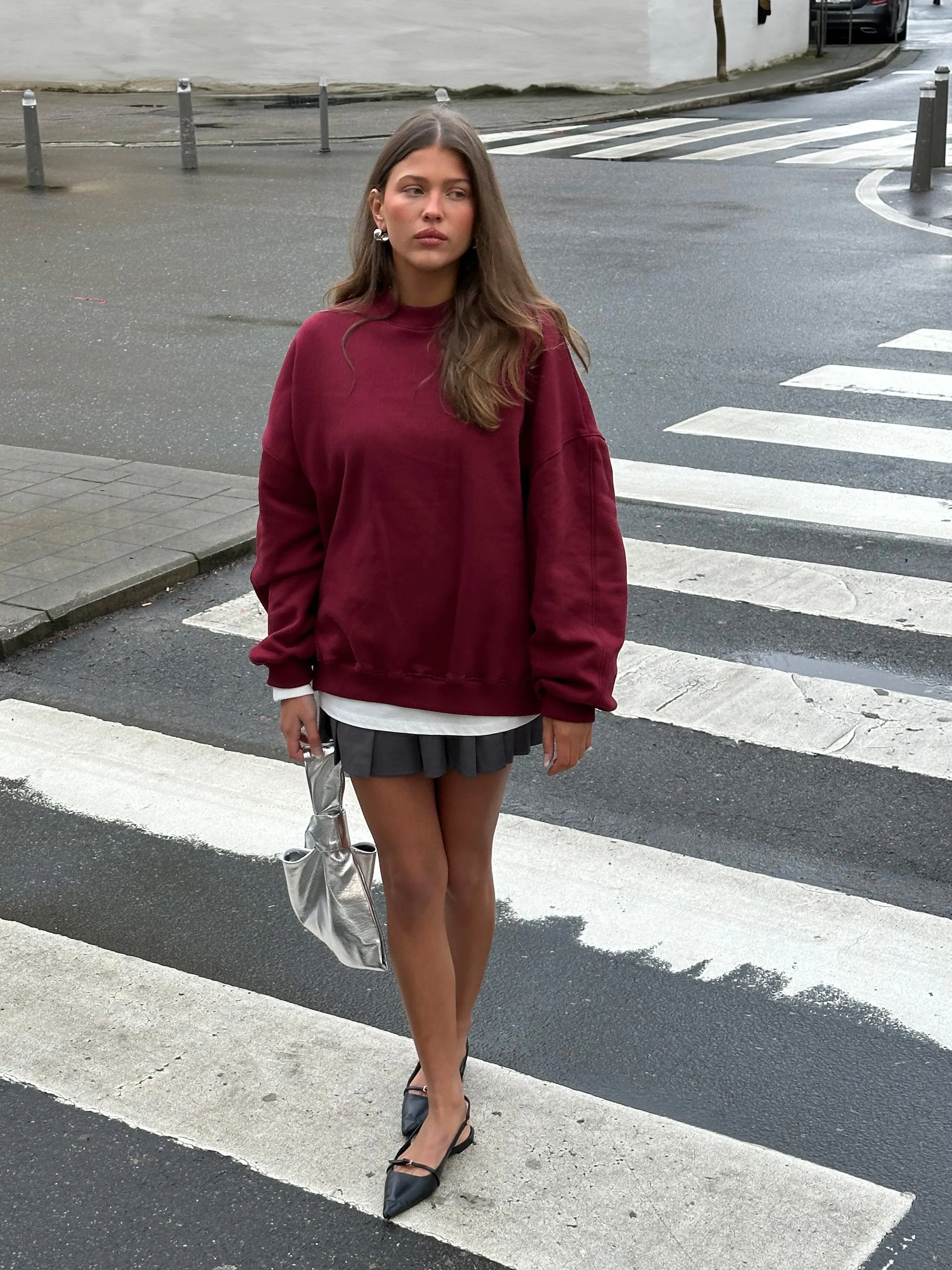Basic Round Collar Oversized Sweater Burgundy