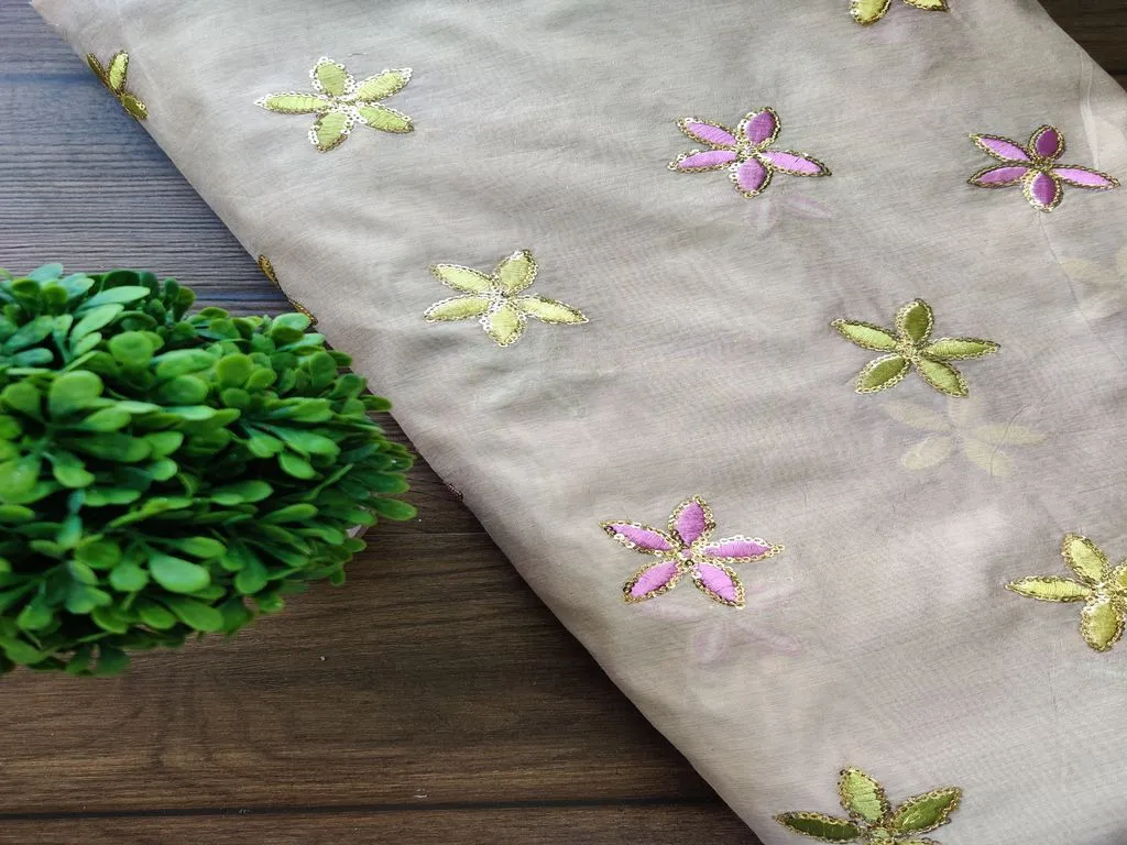 Beige Multicolour Thread and Sequins Flowers Embroidered Chanderi Fabric