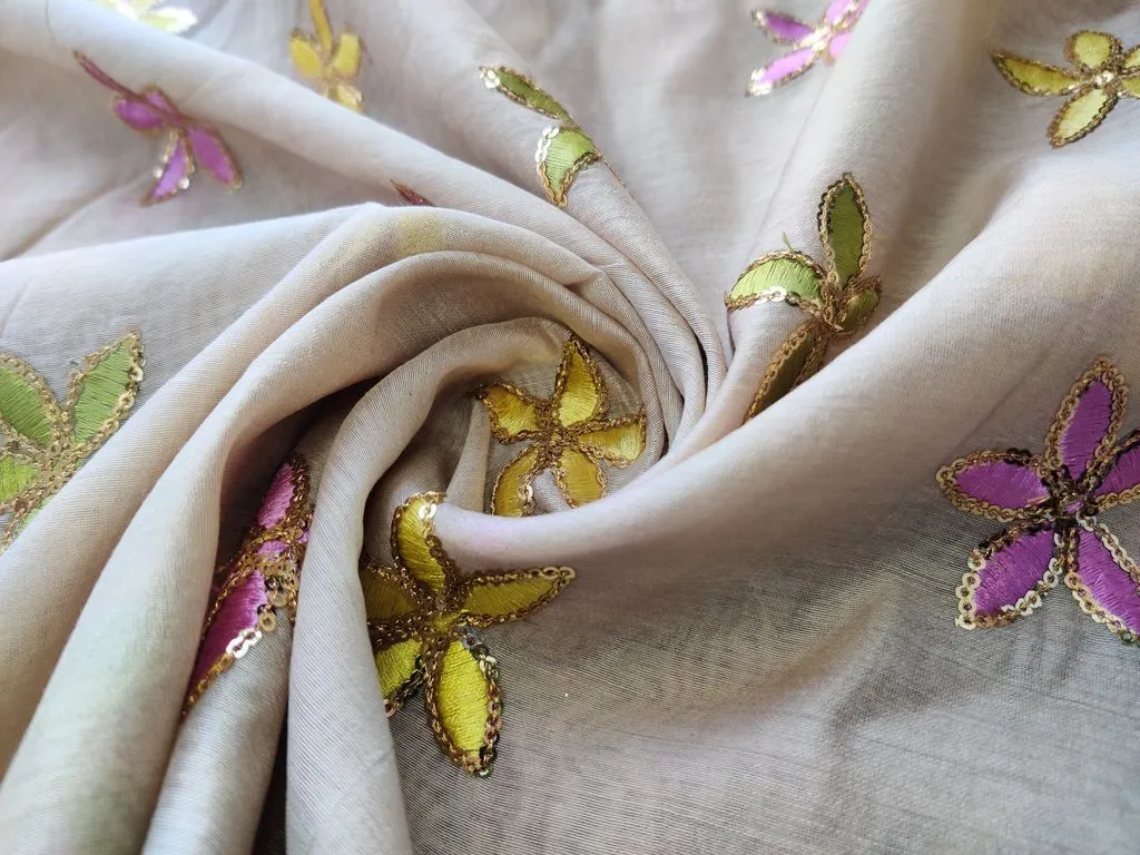 Beige Multicolour Thread and Sequins Flowers Embroidered Chanderi Fabric