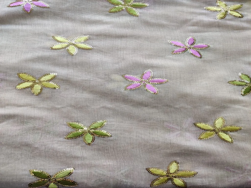 Beige Multicolour Thread and Sequins Flowers Embroidered Chanderi Fabric