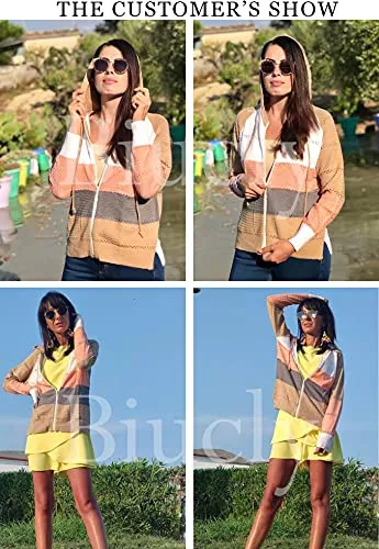Biucly Womens Stripes Color Block Knit Sweater Zip Up Hoodies Long Sleeve Lightweight Drawstring Jacket Pullover Sweatshirts Sweaters Fall Winter 2022,US 18-20(2XL),Multicolor