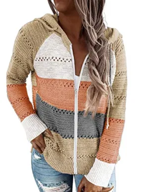 Biucly Womens Stripes Color Block Knit Sweater Zip Up Hoodies Long Sleeve Lightweight Drawstring Jacket Pullover Sweatshirts Sweaters Fall Winter 2022,US 18-20(2XL),Multicolor
