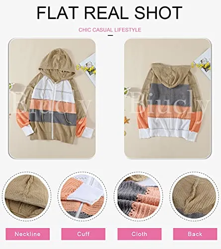 Biucly Womens Stripes Color Block Knit Sweater Zip Up Hoodies Long Sleeve Lightweight Drawstring Jacket Pullover Sweatshirts Sweaters Fall Winter 2022,US 18-20(2XL),Multicolor