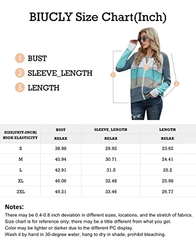 Biucly Womens Stripes Color Block Knit Sweater Zip Up Hoodies Long Sleeve Lightweight Drawstring Jacket Pullover Sweatshirts Sweaters Fall Winter 2022,US 18-20(2XL),Multicolor