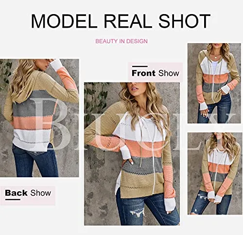 Biucly Womens Stripes Color Block Knit Sweater Zip Up Hoodies Long Sleeve Lightweight Drawstring Jacket Pullover Sweatshirts Sweaters Fall Winter 2022,US 18-20(2XL),Multicolor