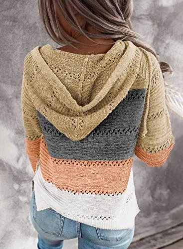 Biucly Womens Stripes Color Block Knit Sweater Zip Up Hoodies Long Sleeve Lightweight Drawstring Jacket Pullover Sweatshirts Sweaters Fall Winter 2022,US 18-20(2XL),Multicolor
