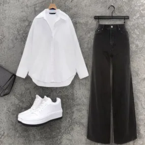 Black jeans with white button down