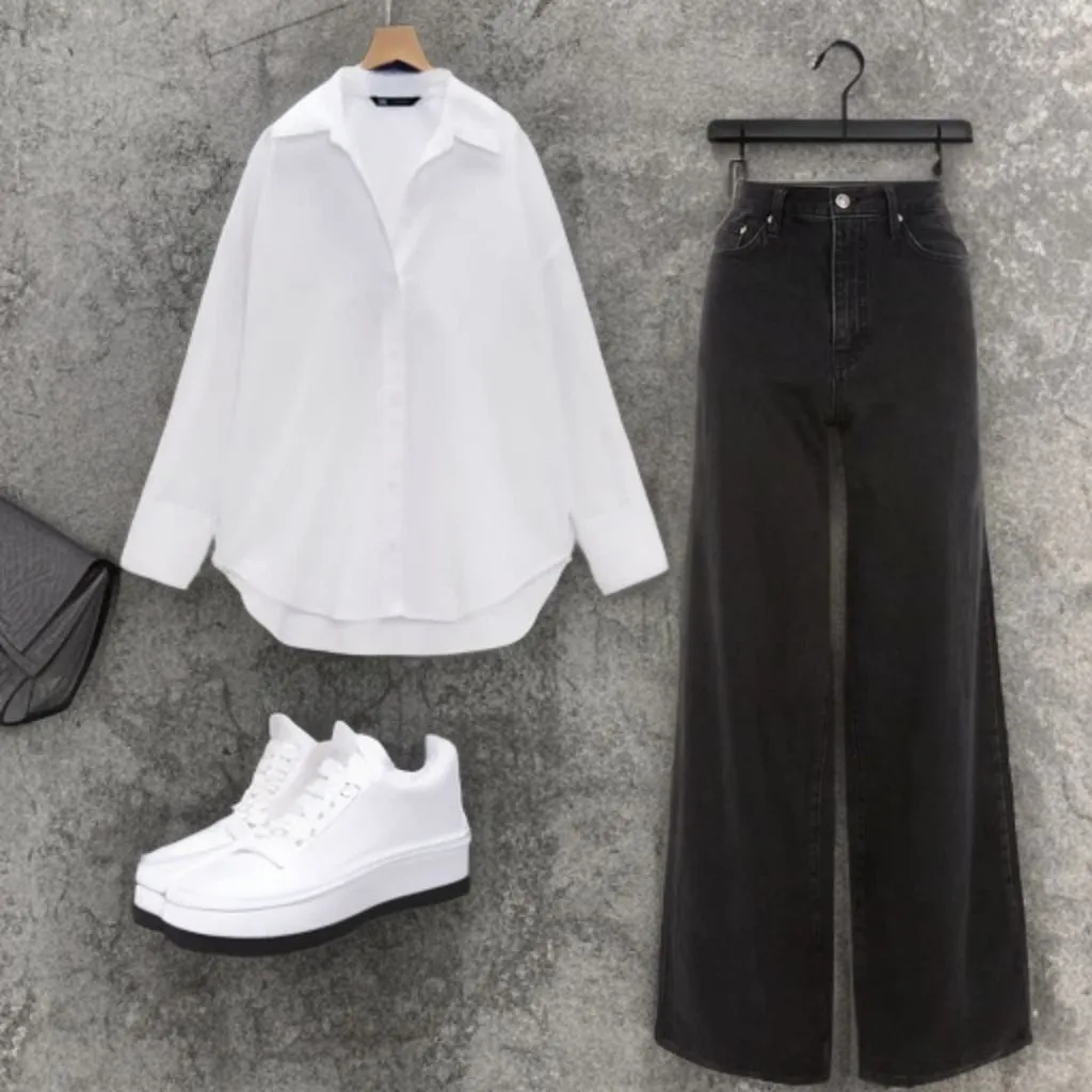 Black jeans with white button down