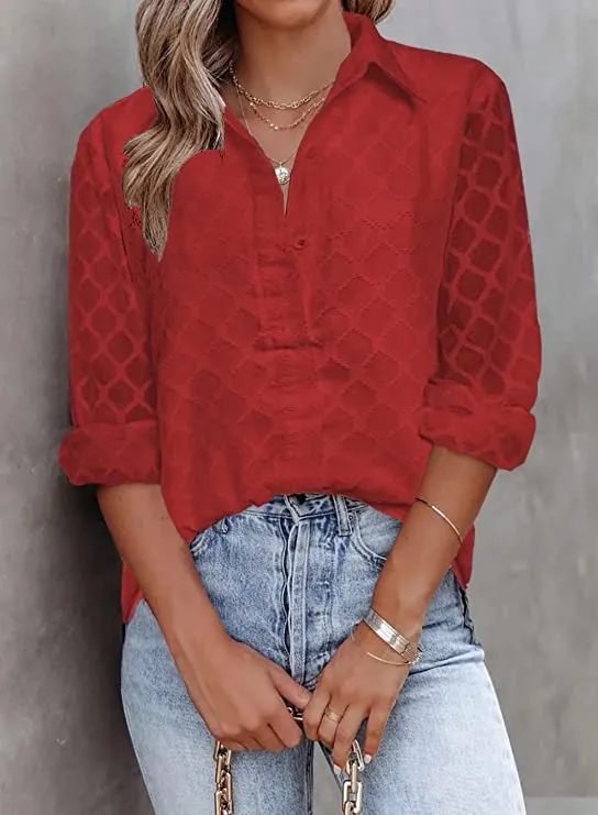 Black Womens Button Down Shirts Long Sleeve V Neck Blouses Tops for Work - FARYSAYS
