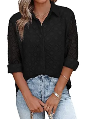Black Womens Button Down Shirts Long Sleeve V Neck Blouses Tops for Work - FARYSAYS