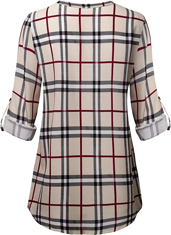 Black Women's Casual Chiffon V Neck 3/4 Sleeve Blouse Tops - Timeson