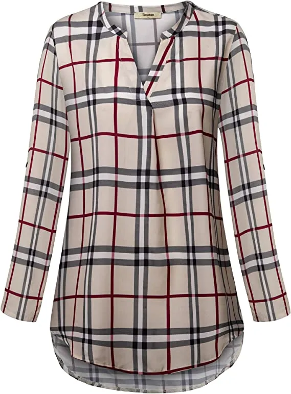 Black Women's Casual Chiffon V Neck 3/4 Sleeve Blouse Tops - Timeson
