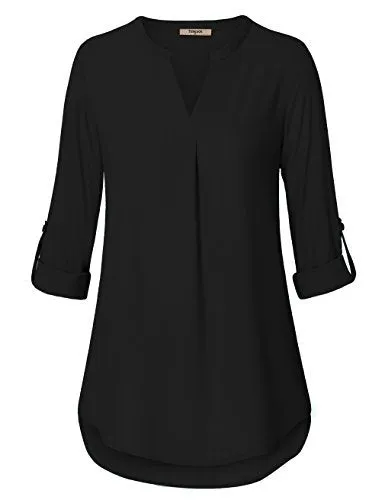 Black Women's Casual Chiffon V Neck 3/4 Sleeve Blouse Tops - Timeson