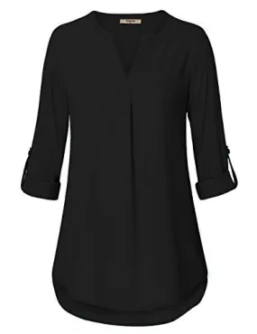 Black Women's Casual Chiffon V Neck 3/4 Sleeve Blouse Tops - Timeson
