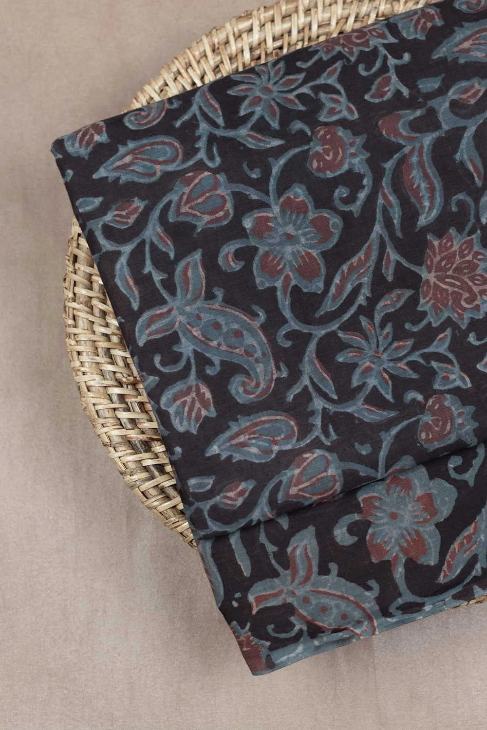 Blue Floral on Black Bagru Cotton Fabric