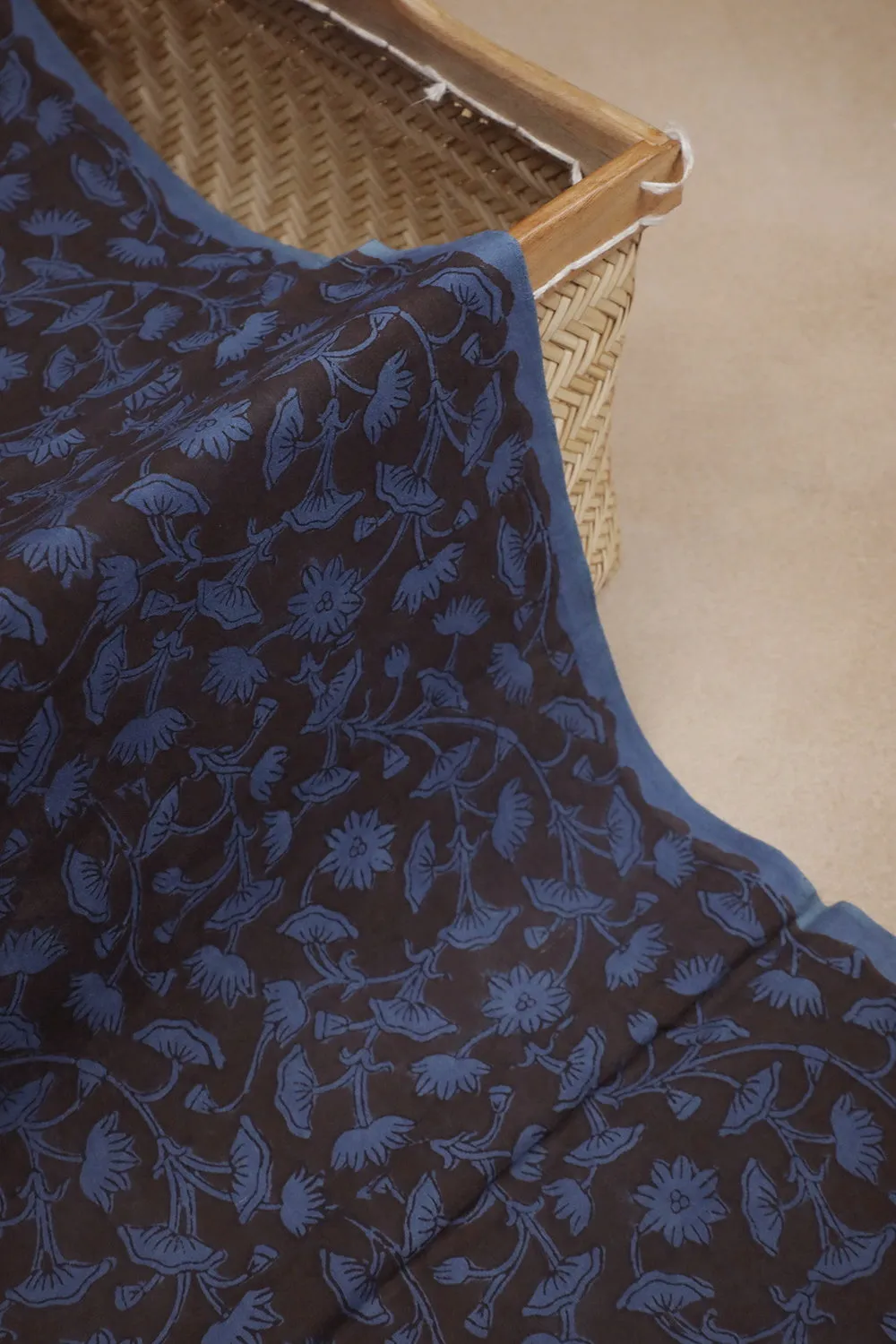 Blue Florals on Black Bagru Dabu Print Fabric