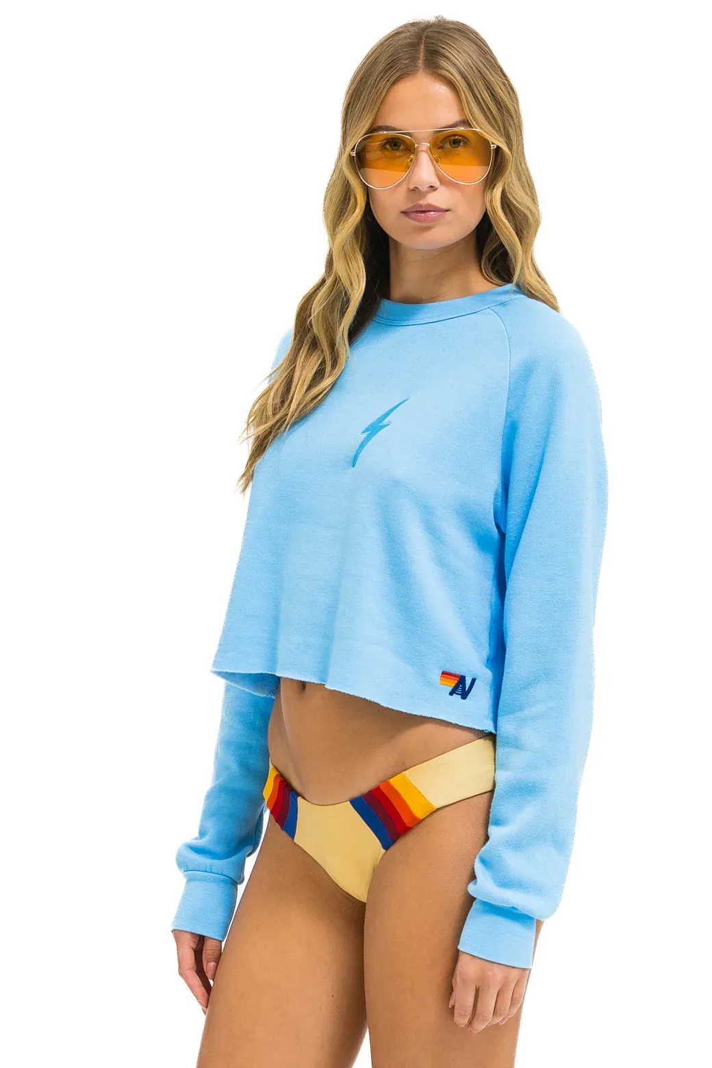 Bolt Rugby Stitch Cropped Crew Sweatshirt ~ Sky / Rainbow