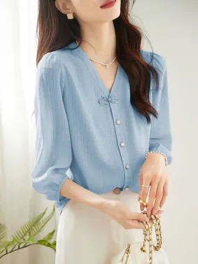 Camila Elegant Puff Sleeve Chiffon Blouse-Blue