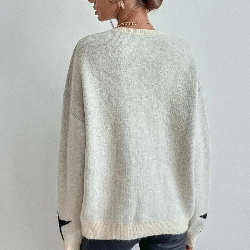 Casual Long Sleeve Crewneck Star Print Pullover Knit Sweater Top