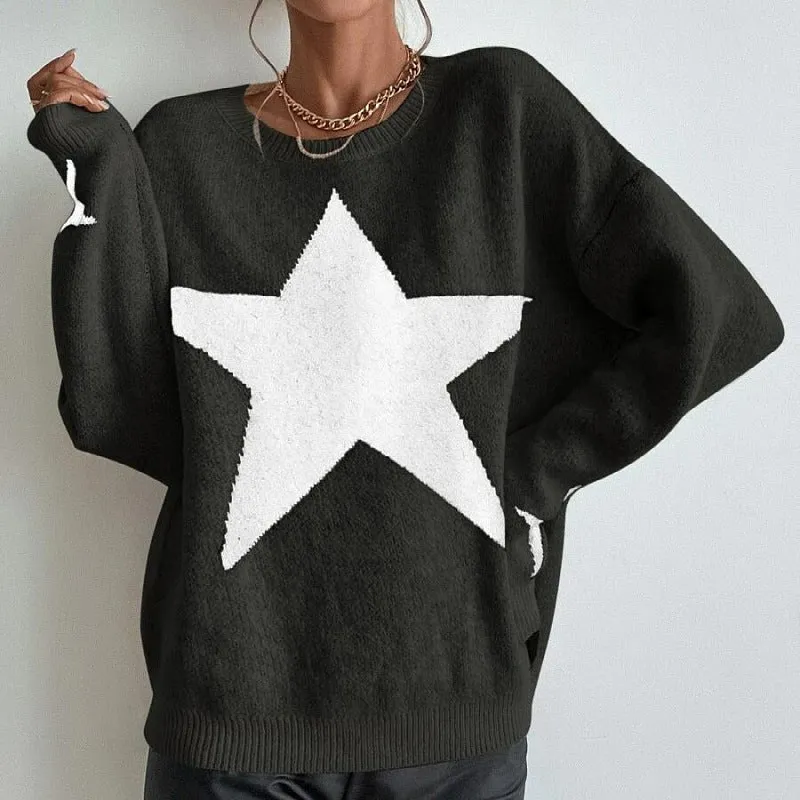 Casual Long Sleeve Crewneck Star Print Pullover Knit Sweater Top