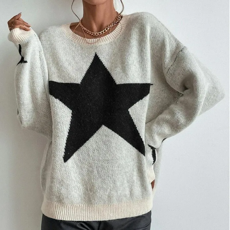 Casual Long Sleeve Crewneck Star Print Pullover Knit Sweater Top