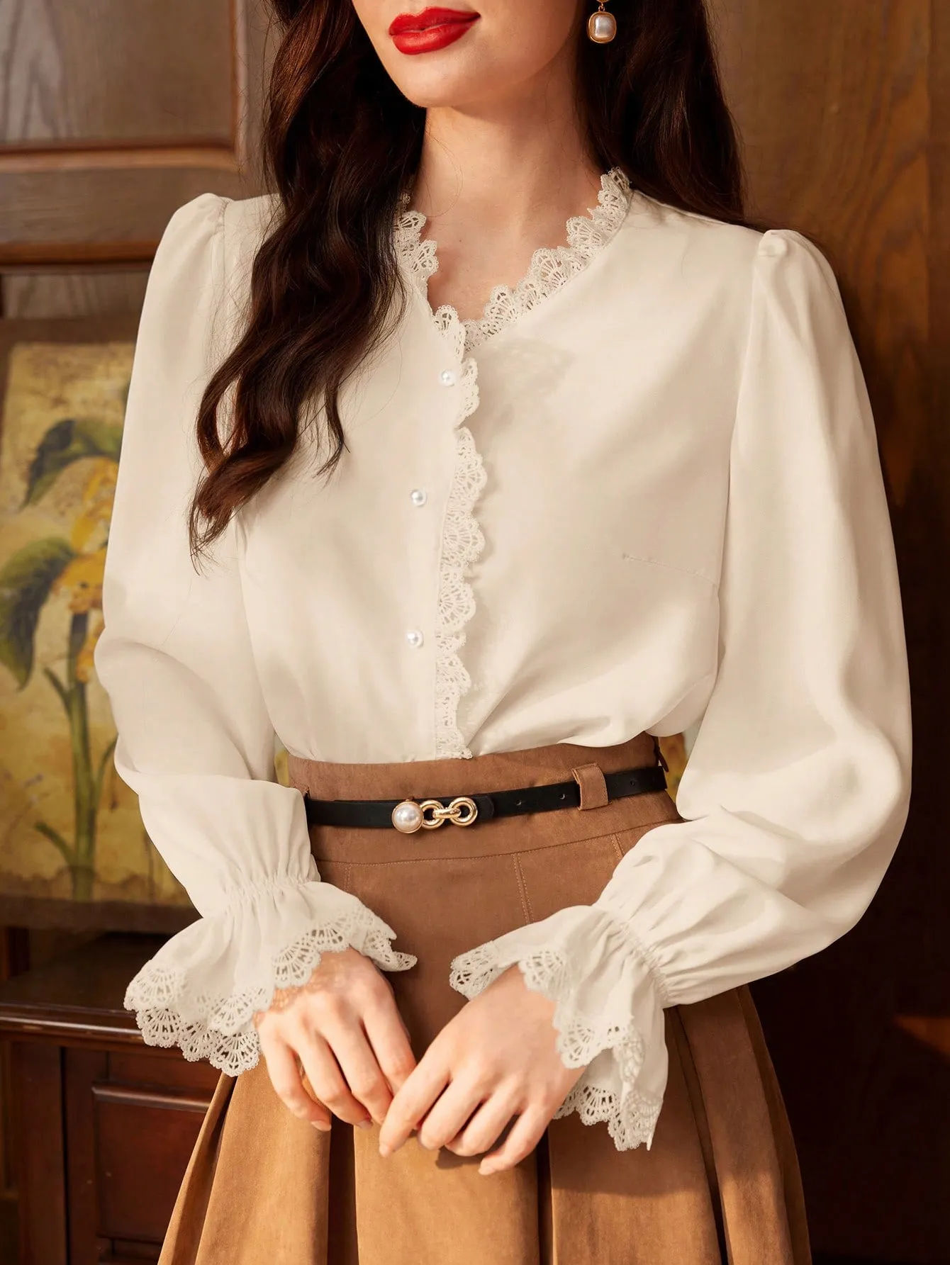 DECDS Vintage Elegant Women's Shirt With Lace Patchwork