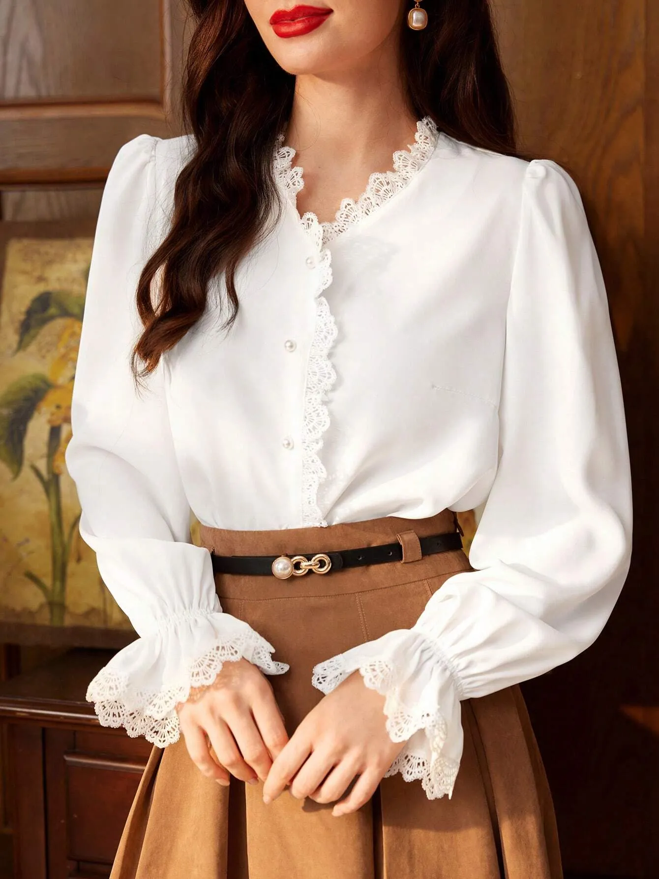 DECDS Vintage Elegant Women's Shirt With Lace Patchwork