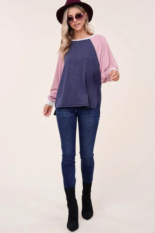 E Luna Plus Solid Color Block Sweatshirt