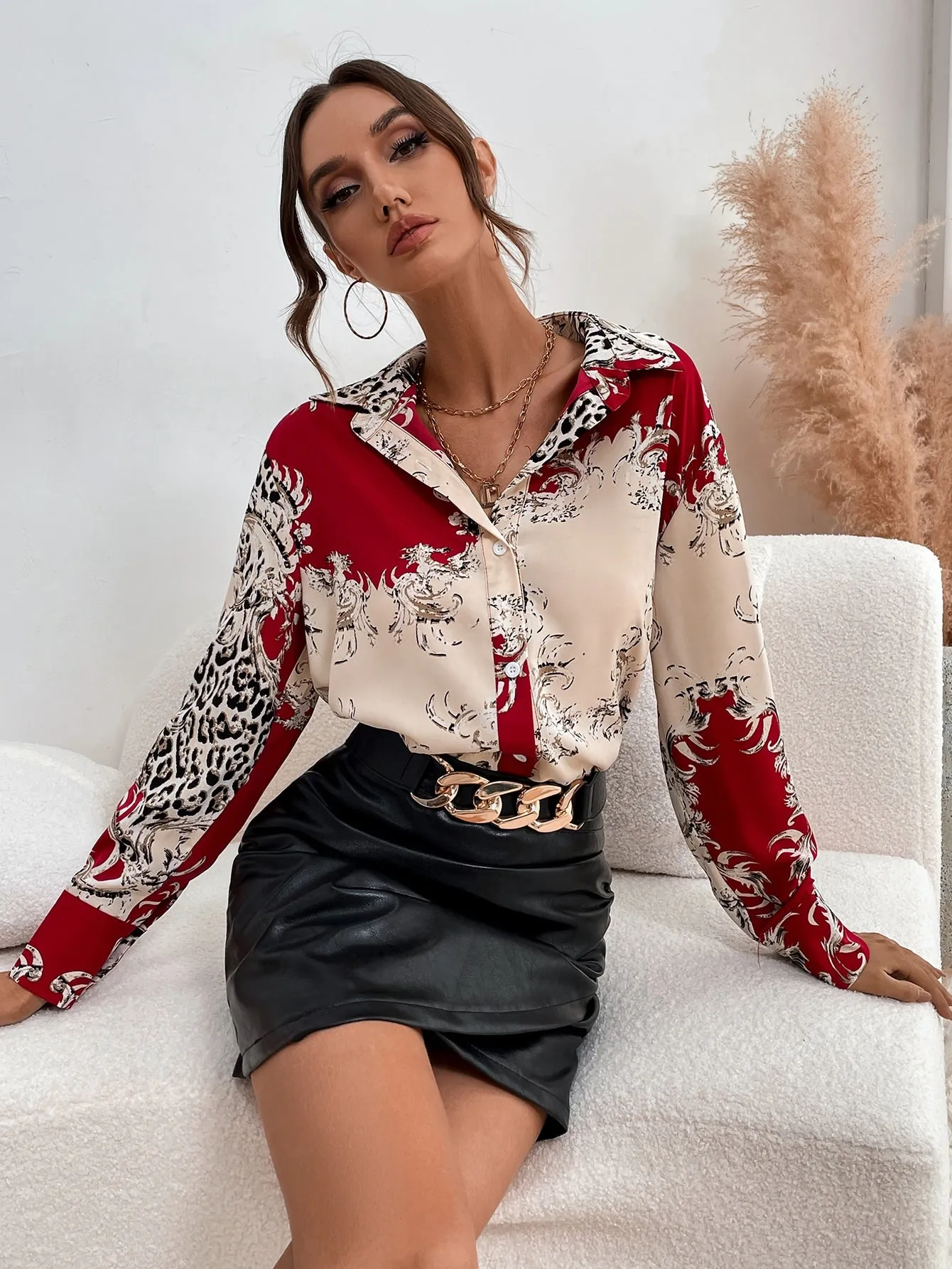 Elegant Baroque Button Front Long Sleeve Collar Long Blouse