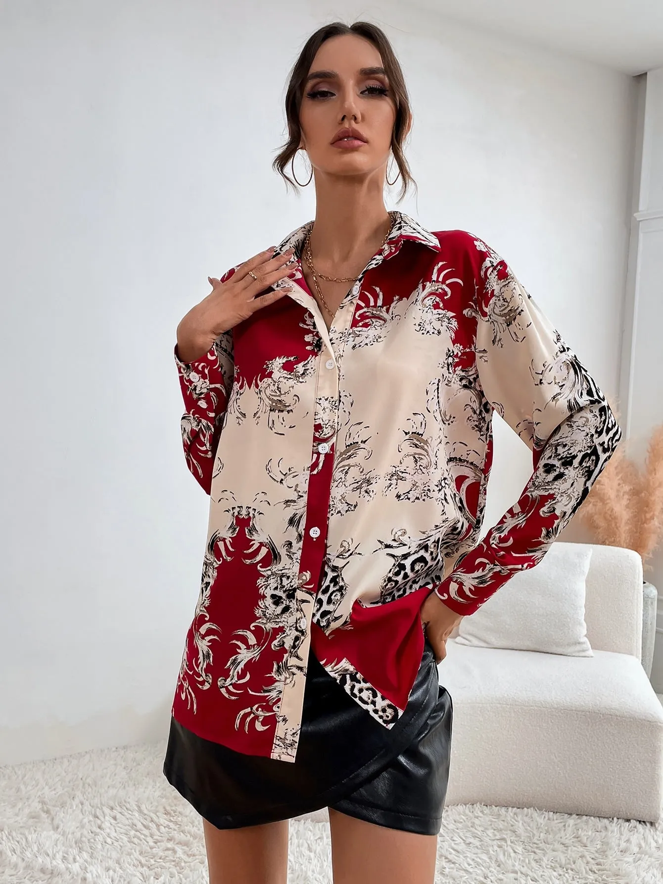 Elegant Baroque Button Front Long Sleeve Collar Long Blouse