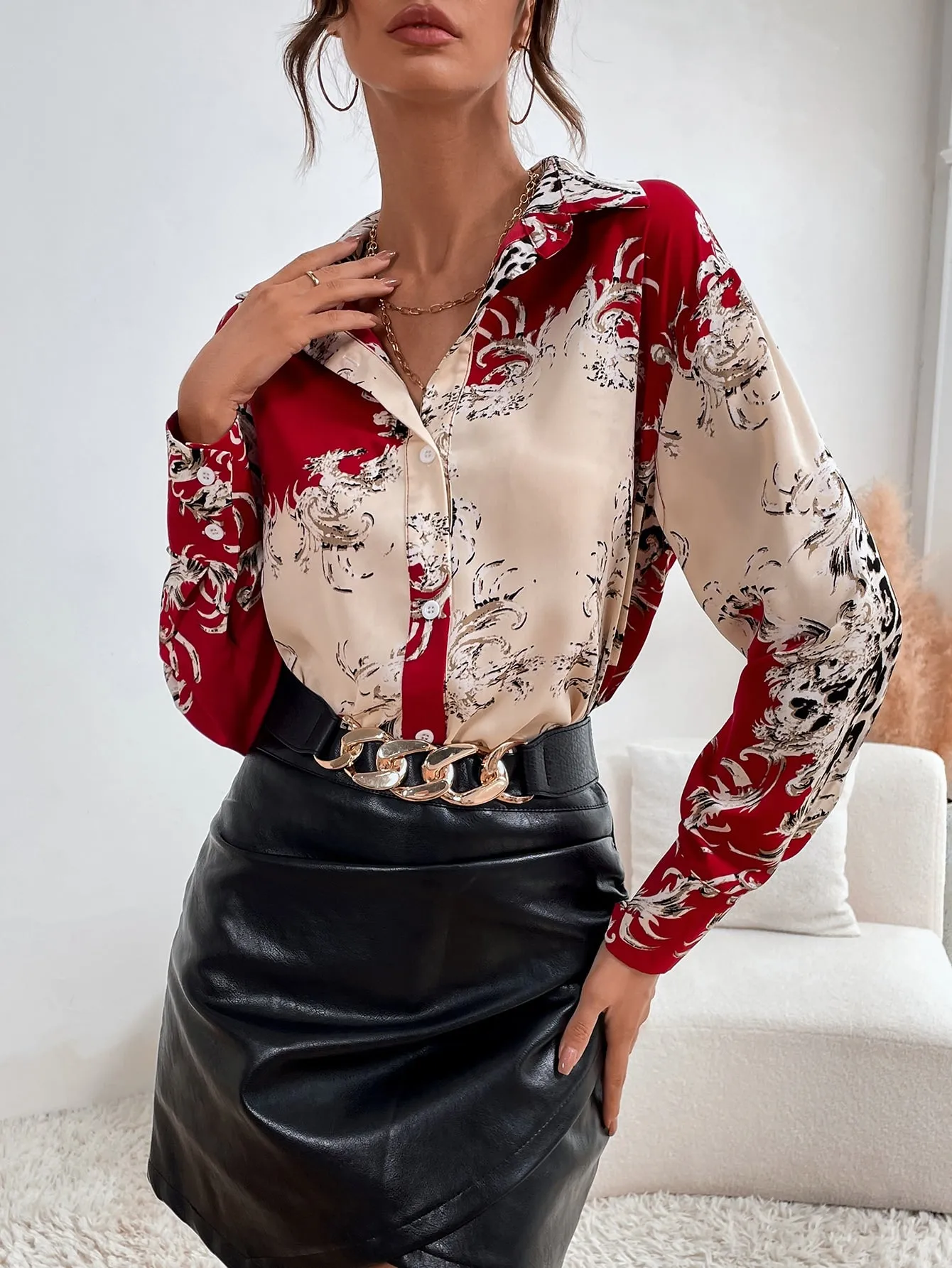 Elegant Baroque Button Front Long Sleeve Collar Long Blouse