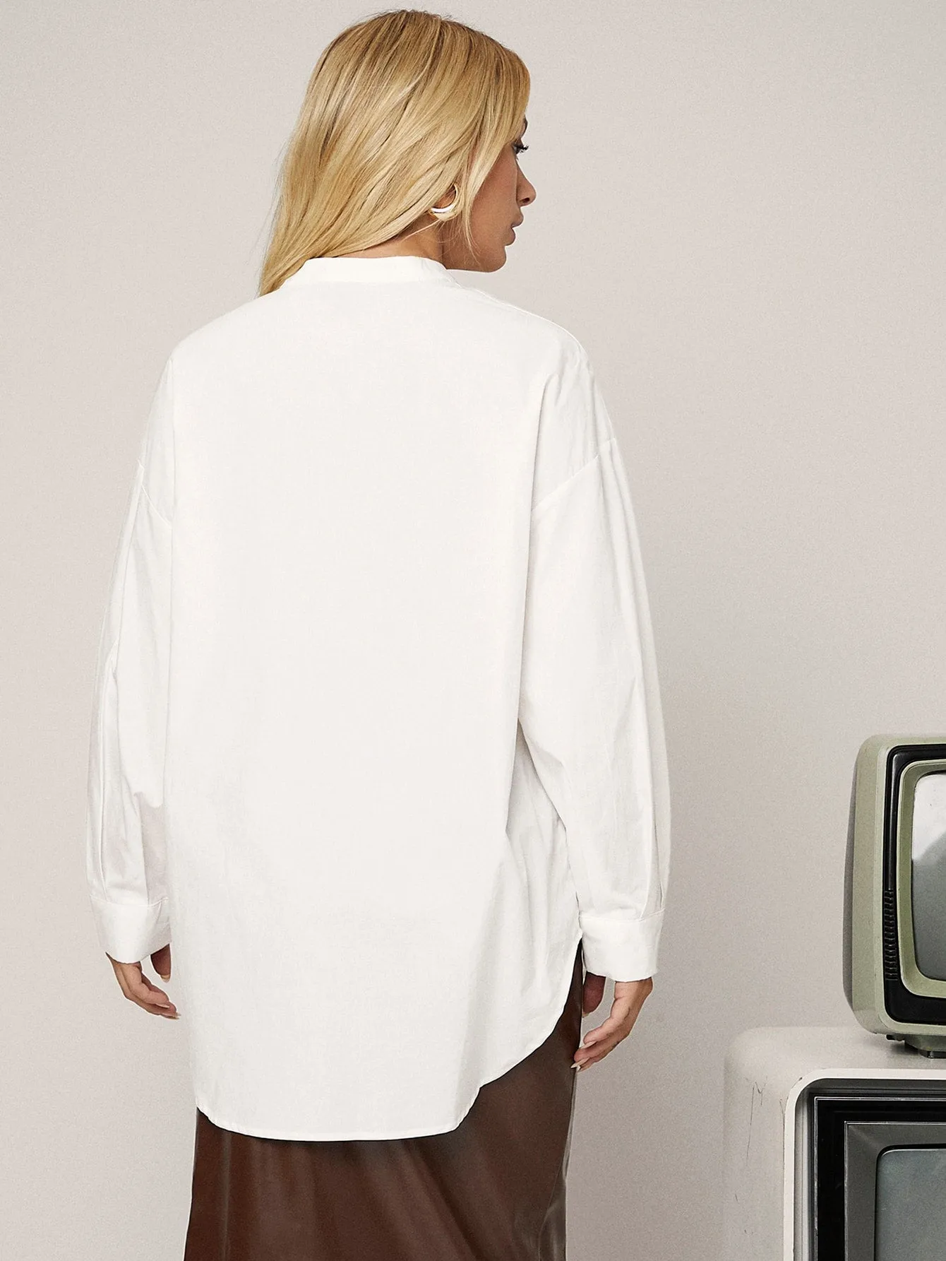 Elegant Plain Button Front Long Sleeve Stand Collar Regular Blouse