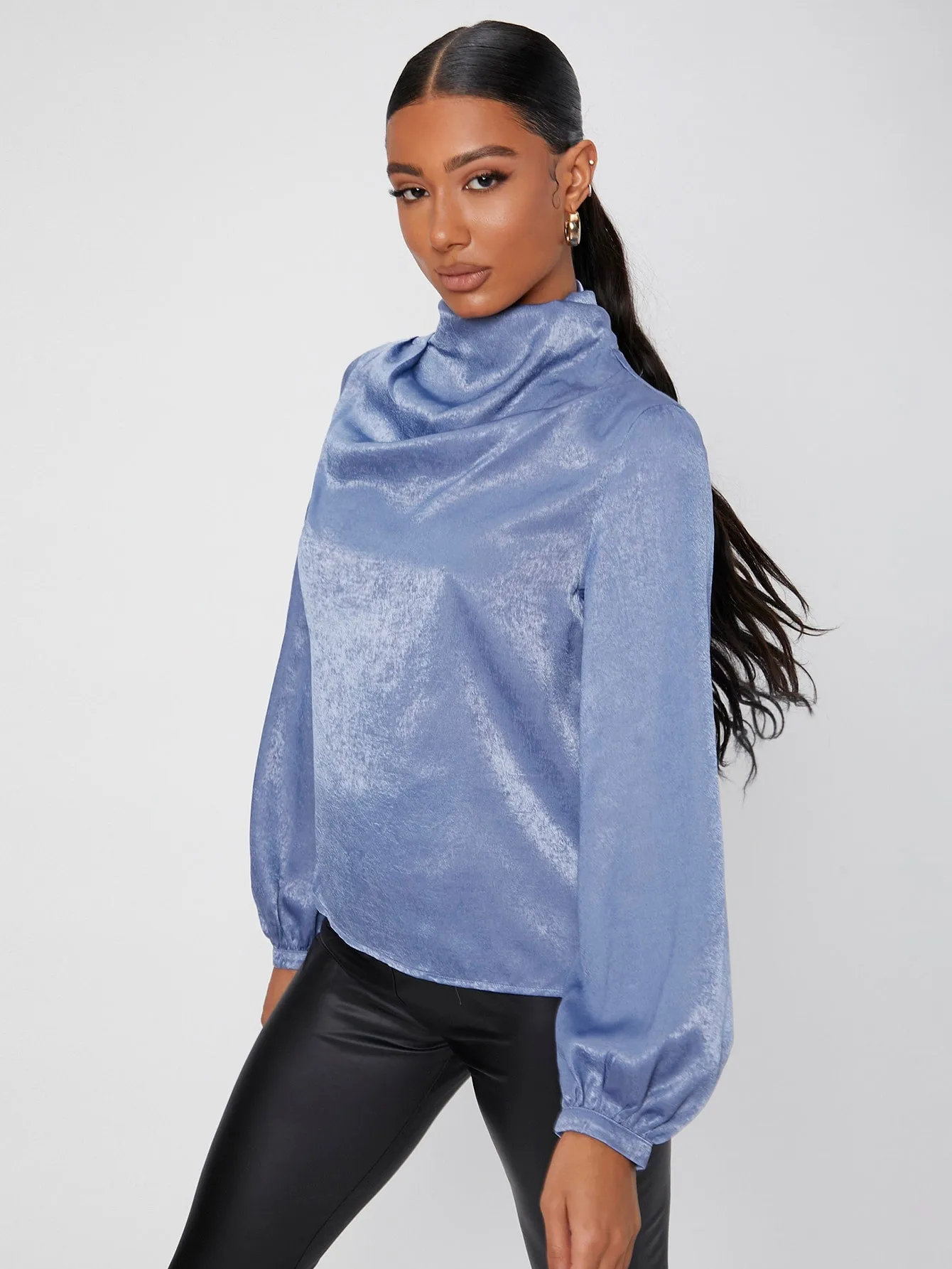 Elegant Plain Button Long Sleeve High Neck Regular Blouse