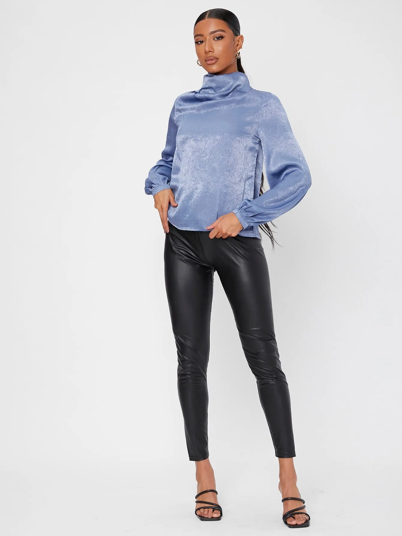 Elegant Plain Button Long Sleeve High Neck Regular Blouse