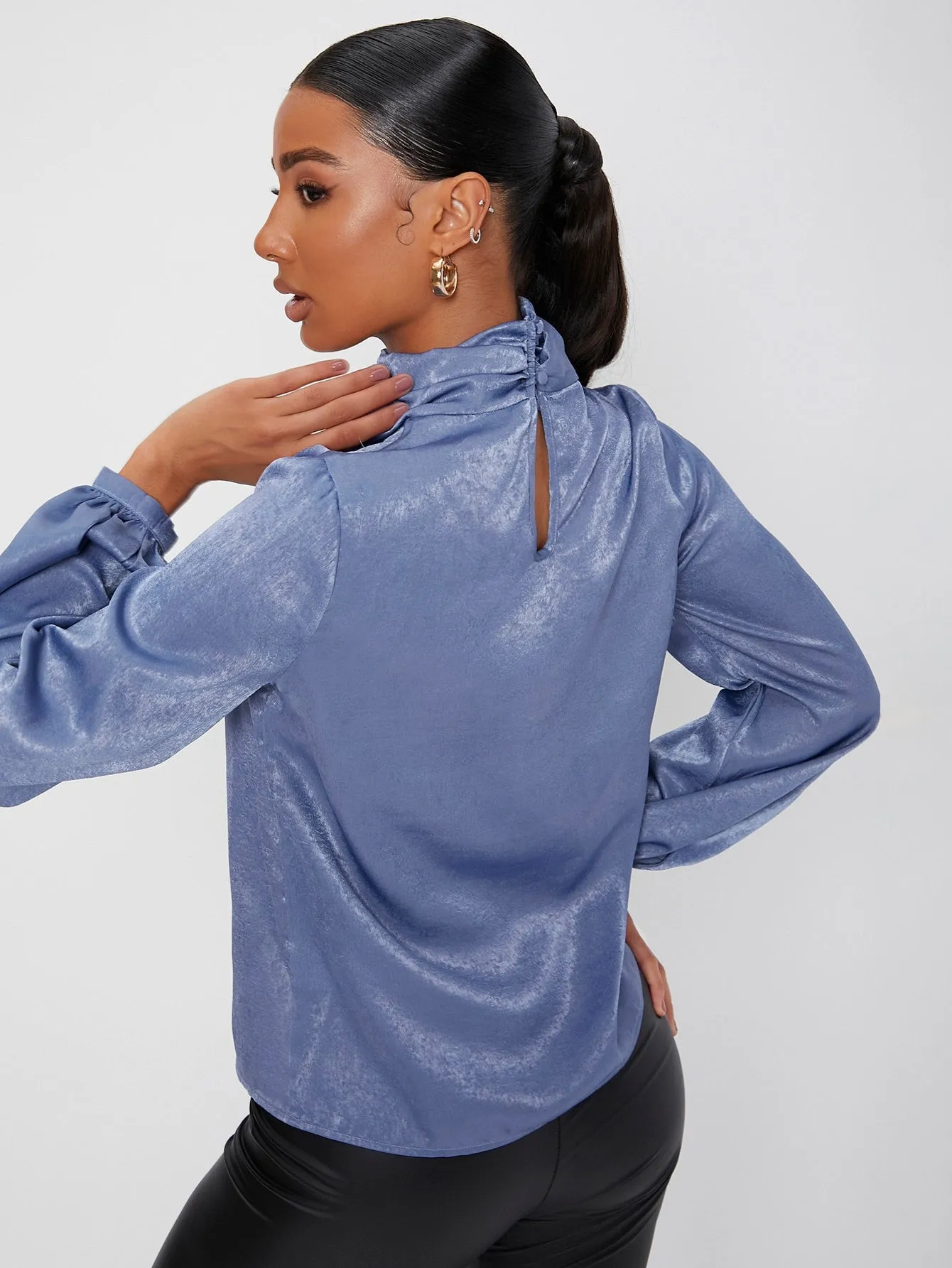 Elegant Plain Button Long Sleeve High Neck Regular Blouse
