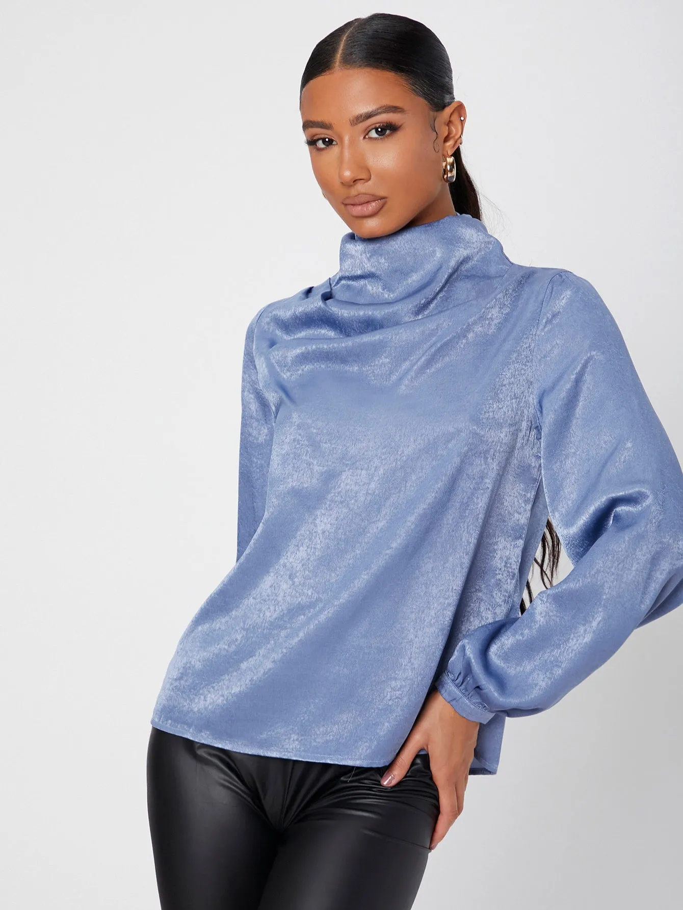 Elegant Plain Button Long Sleeve High Neck Regular Blouse