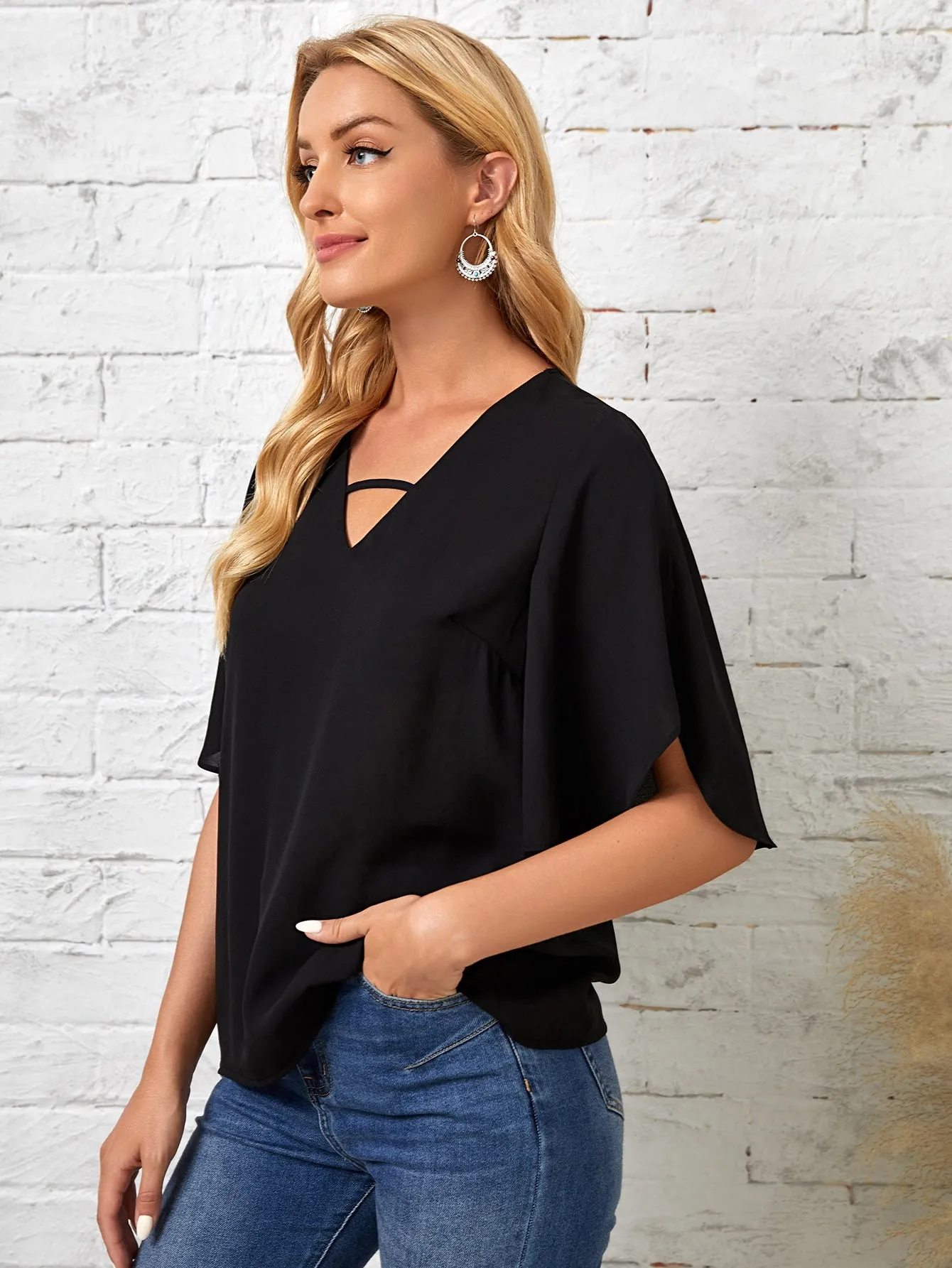 Elegant Plain Split Half Sleeve Keyhole Neckline Regular Blouse